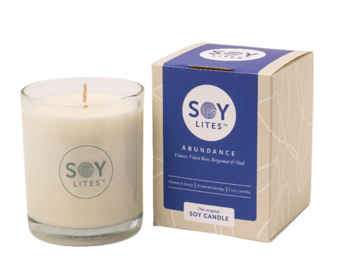 Soy Lites candle with packaging on a white background