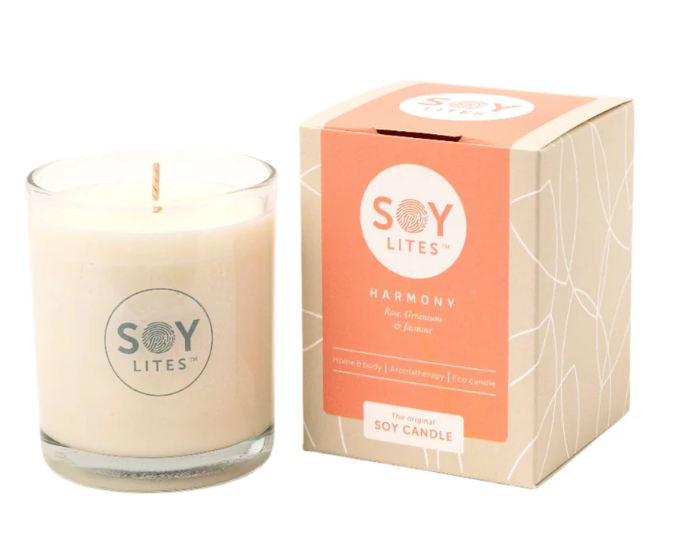 Soy Lites candle with packaging on a white background
