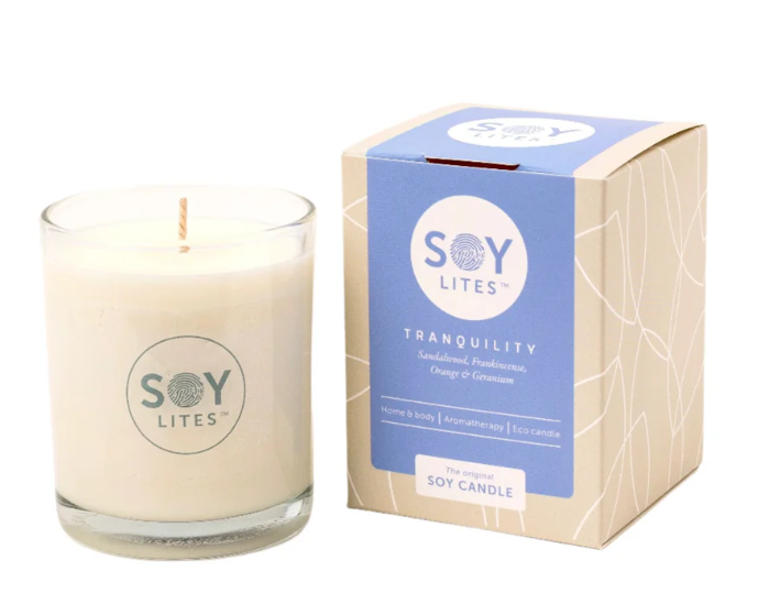 Soy Lites candle with packaging on a white background