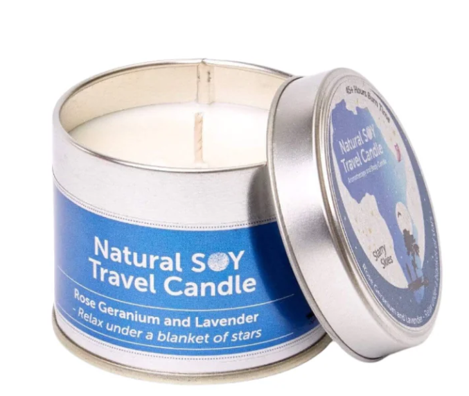 Natural Soy Travel Candle in a metal tin with a blue label on a white background