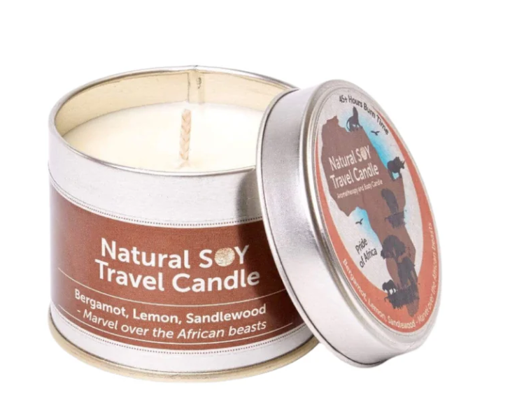Natural Soy Travel Candle in a metal tin with a label on a white background