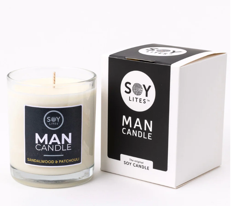 Man candle with packaging on a white background