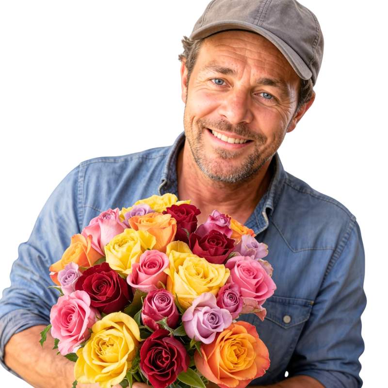 Shades of Yay bouquet held by man—multicolour roses with greenery | Flower Guy