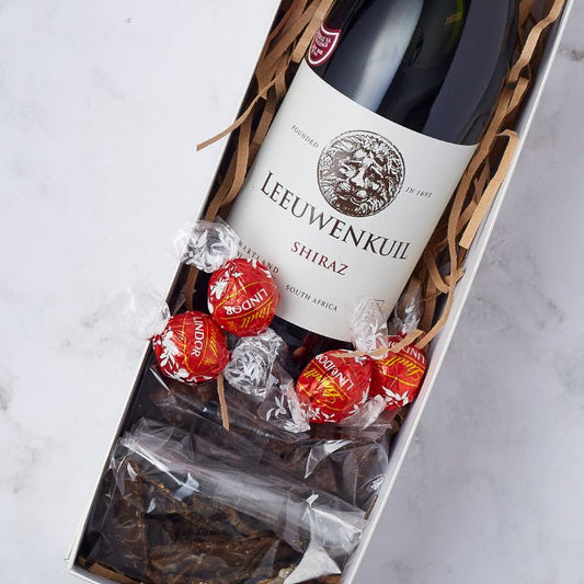 Close-up of the Shiraz and Chocolate gift box, red wine and chocolate by Flower Guy