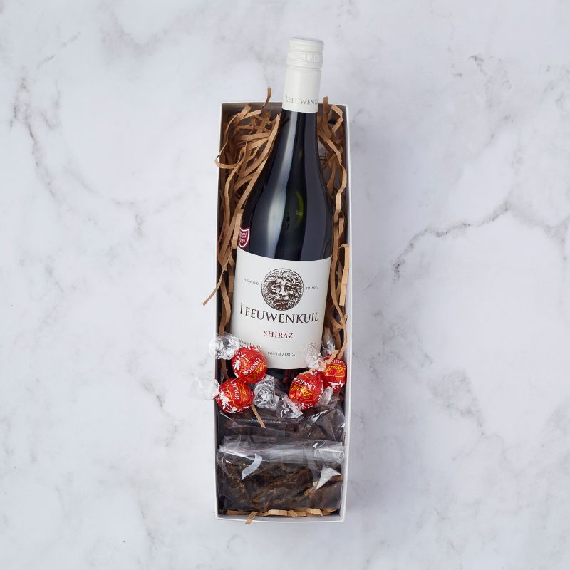 Shiraz and Chocolate gift box from Flower Guy with a bottle of Shiraz and chocolate