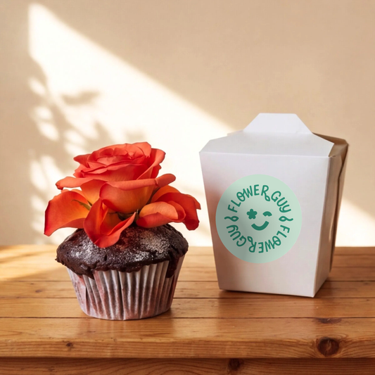 A single chocolate cupcake topped with a vibrant orange rose, sitting beside a white Flower Guy gift box, Cape Town same-day cupcake add-on