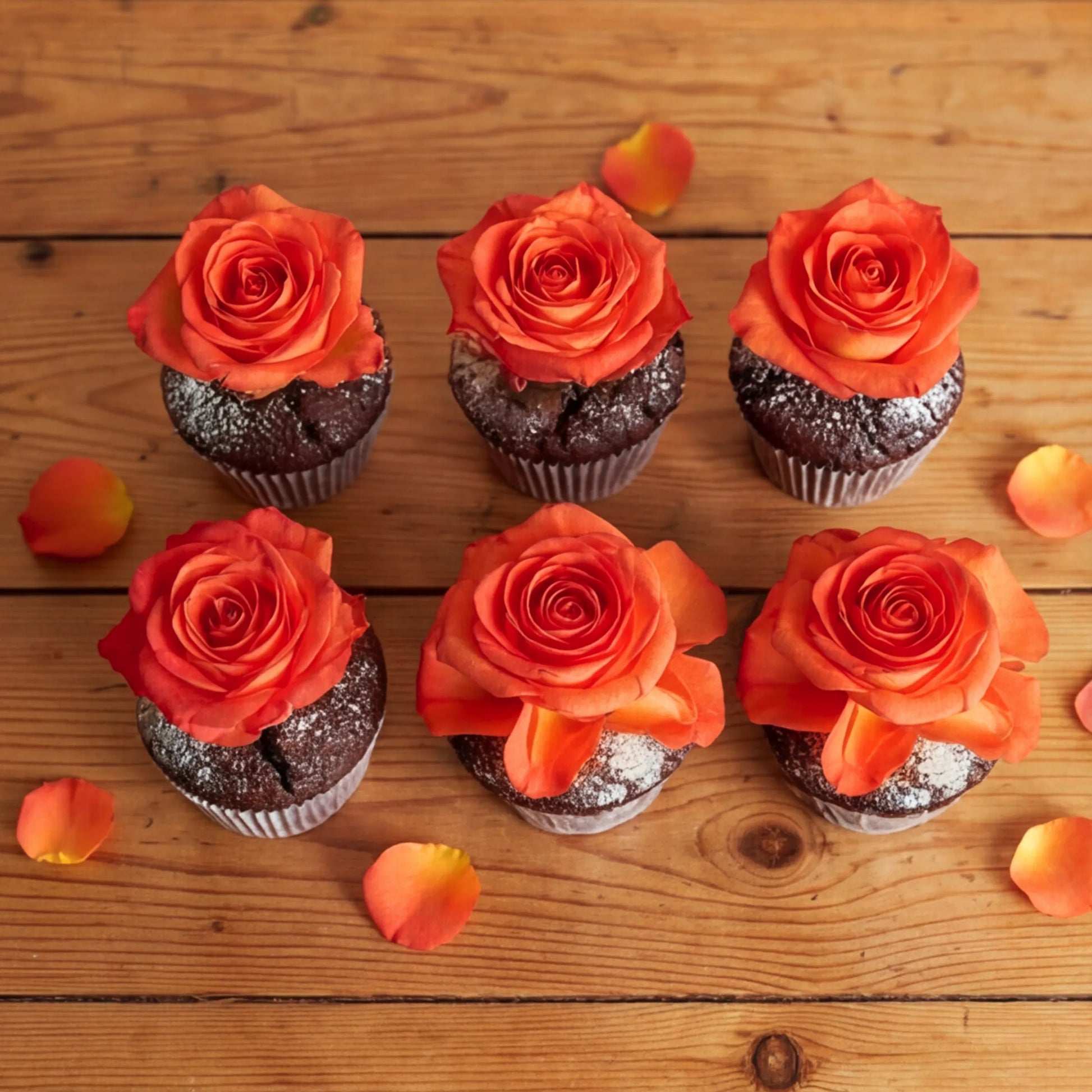Six chocolate cupcakes arranged in two rows on a rustic wooden table, each topped with a vibrant orange rose and finished with a soft icing-sugar dusting, scattered petals around them