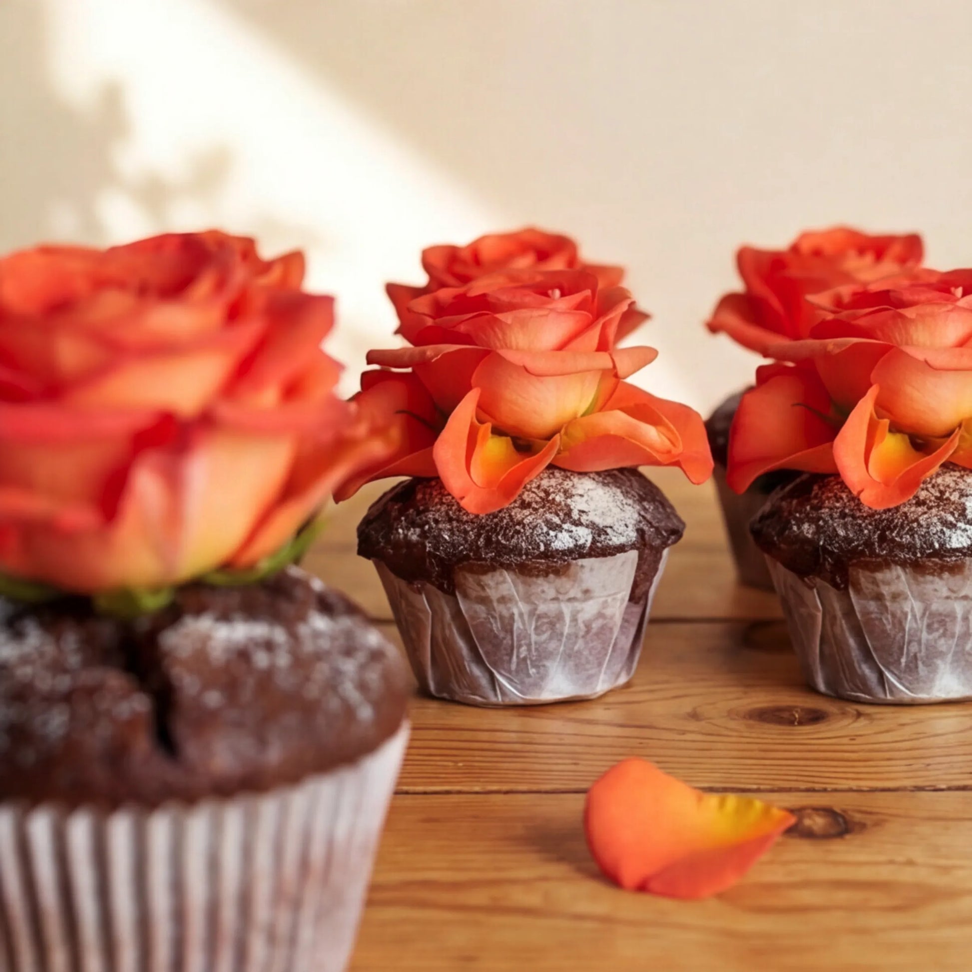 Half dozen Flower Guy chocolate cupcakes in front view with tall orange and coral rose blooms on each, hand-baked fresh in the Cape Town bakery