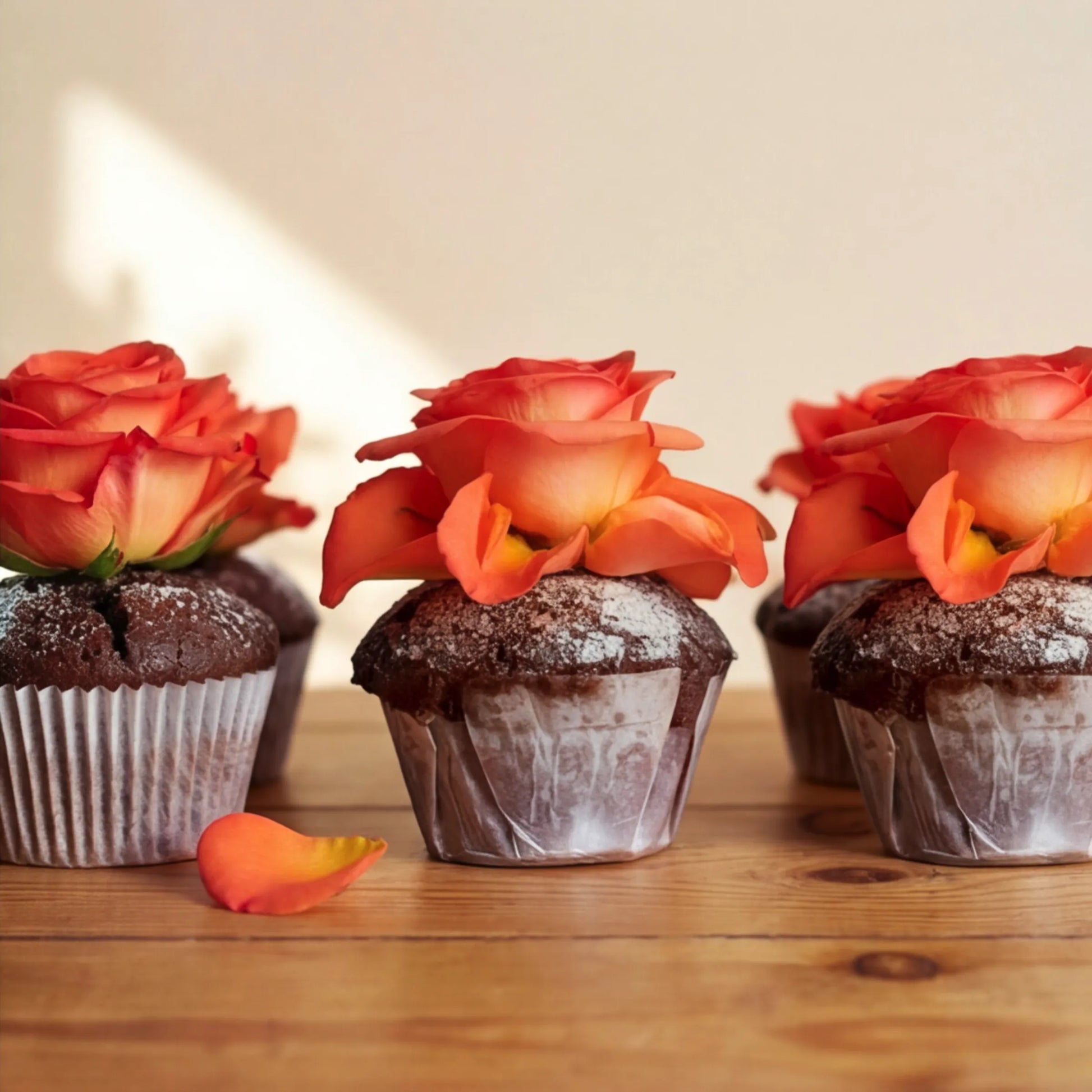 Three chocolate cupcakes in a front row showcasing the icing-sugar finish and vibrant orange rose toppers, part of the Flower Guy Six Chocolate Cupcakes Cape Town add-on