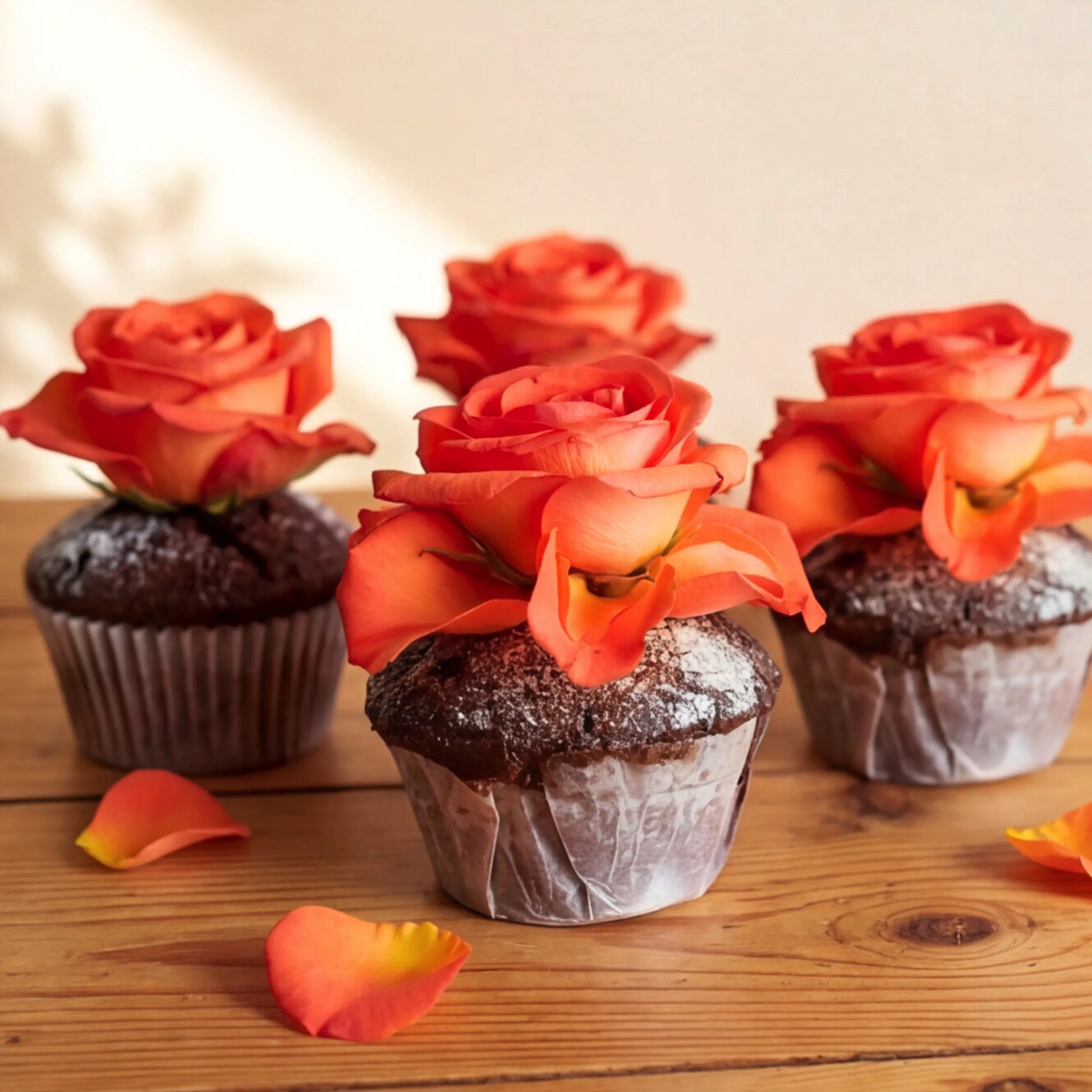 Editorial-style tablescape of Flower Guy chocolate cupcakes with orange rose toppers, soft natural light and warm wood tones for the half-dozen cupcake add-on