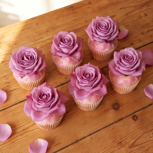 Six vanilla cupcakes arranged in two rows on a rustic wooden table, each topped with a full lavender-pink rose and pink edible glitter, scattered rose petals around them