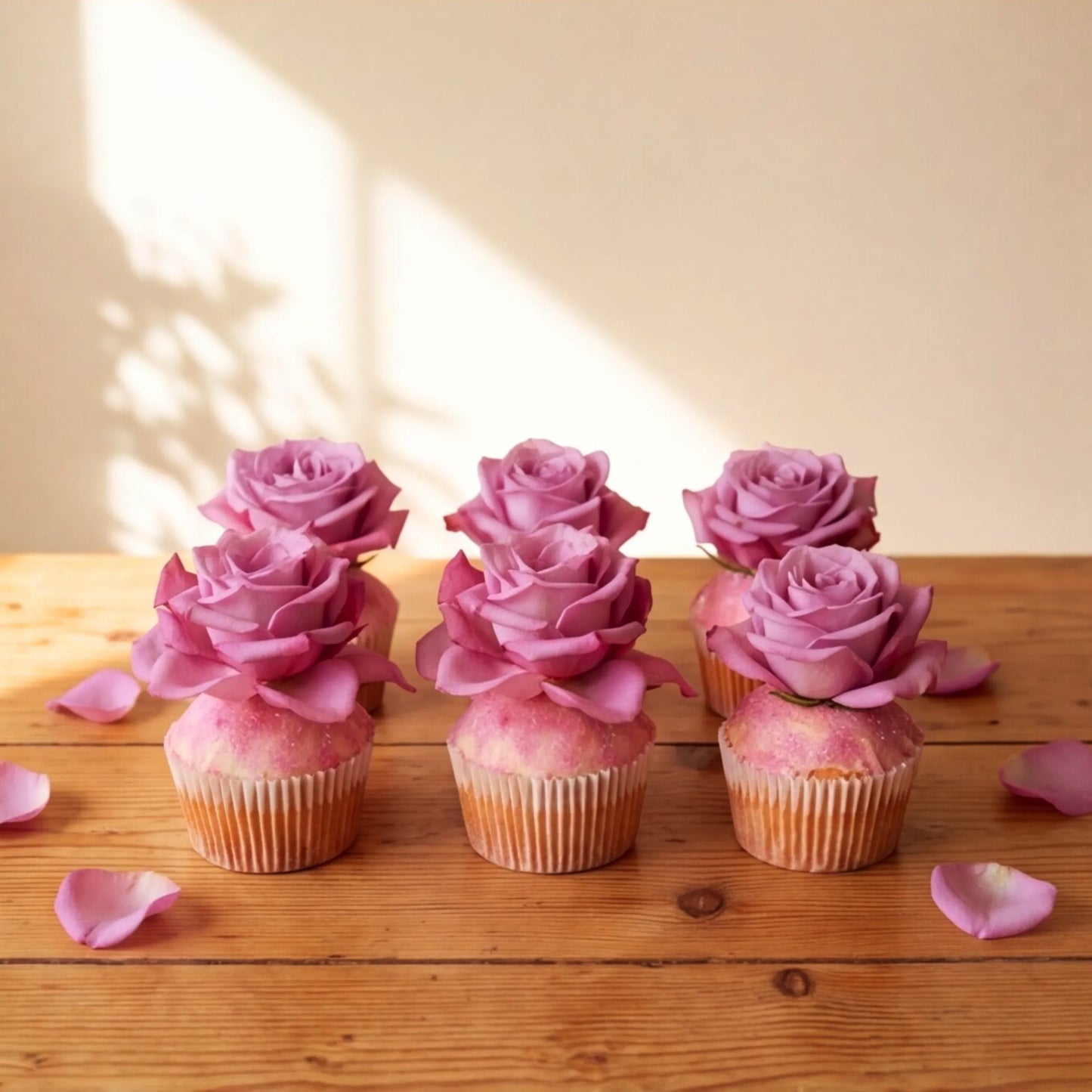 Half dozen Flower Guy vanilla cupcakes lined up in front view with tall lavender-pink rose blooms on each, fresh from the Cape Town bakery