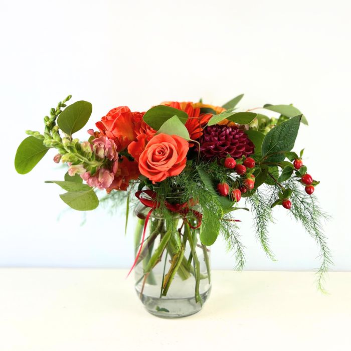 Romantic Sunset Glow Flower Arrangement with Roses and Dahlias - Flower Guy