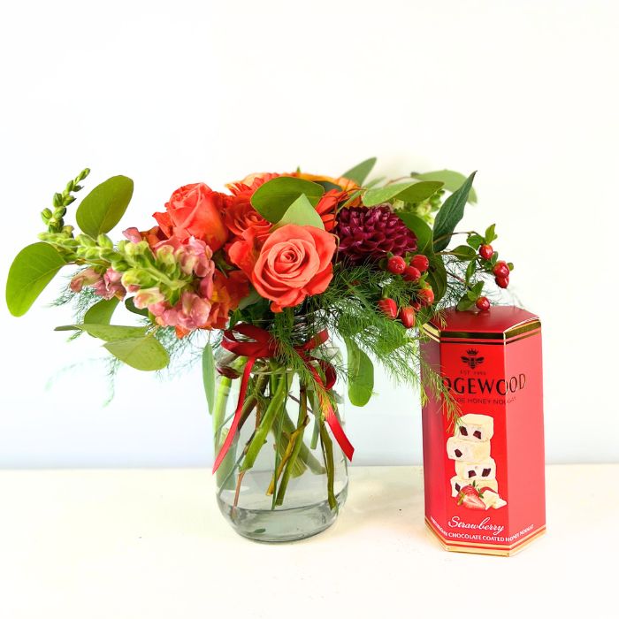 Gift a Beautiful Jar of Red Roses, Dahlias, and Berries and Wedgewood Nougat - Flower Guy
