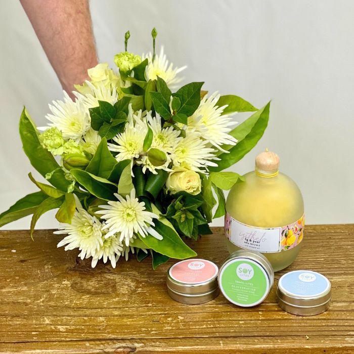 Table Bay Blooms with Fig Pear Bath Crystals and Colourful SOY Lite Candles - Flower Guy