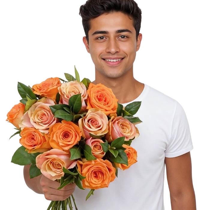 Tangerine Tango Rose Bouquet—model holding peachy-orange roses with greenery, hand-tied and gift-ready | Flower Guy