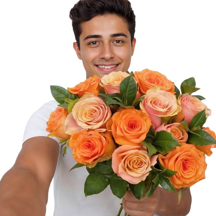 Tangerine Tango Rose Bouquet close-up—orange roses in a lush hand-tied bouquet with greenery, ready to gift | Flower Guy
