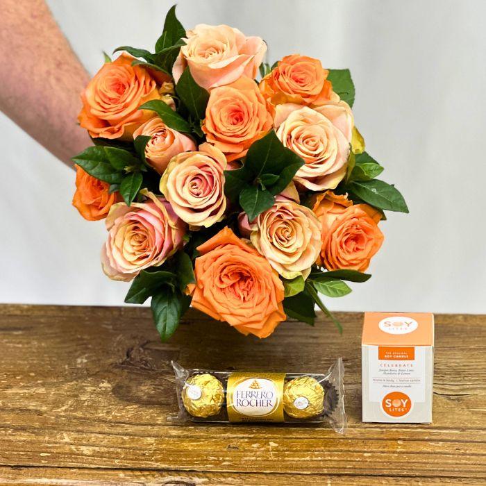 Tangerine Tango Rose Bouquet With Ferrero Rocher And Candle - Flower Guy