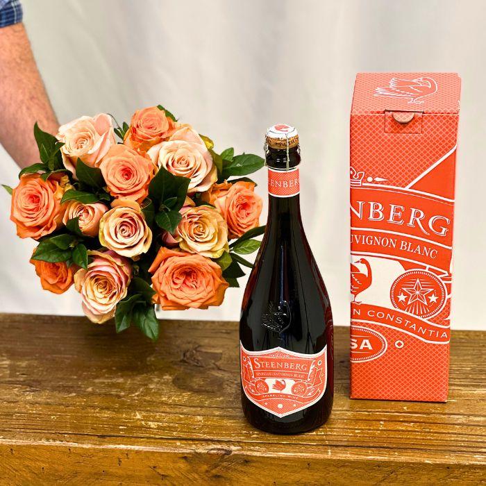 Tangerine Tango Rose Bouquet With Sparkling Wine from Steenberg Estate - Flower Guy