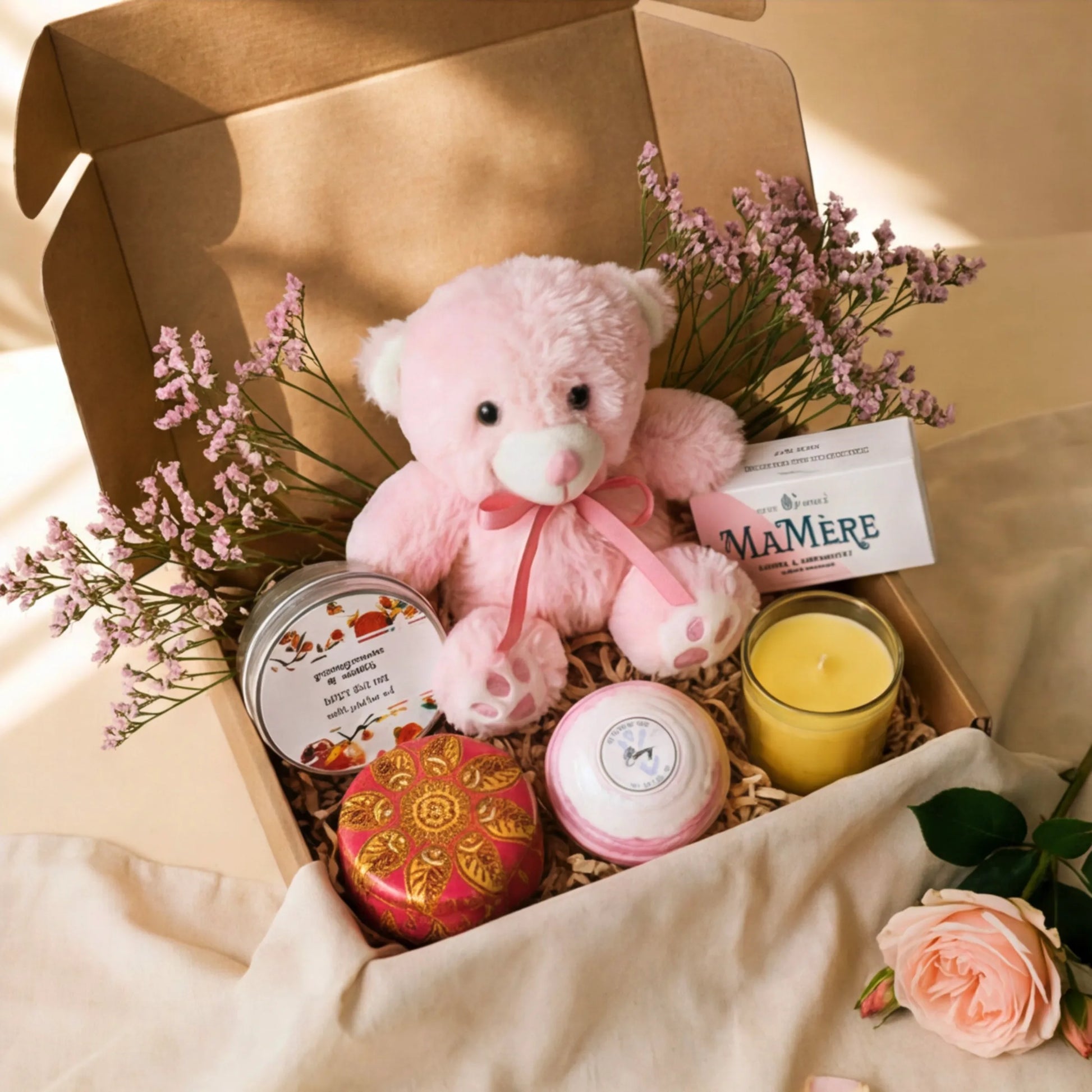 Top view of Teddy Comfort Care Box with pink teddy, body butter, Mamere Cocoa Cranberry nougat and scented candle in kraft gift box