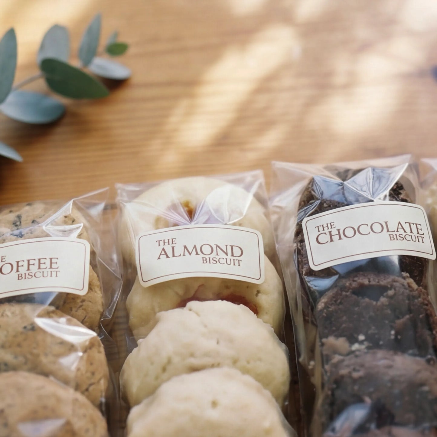Close-up of Coffee, Almond and Chocolate Biscuit sleeves from The Best Biscuits gift box by Flower Guy
