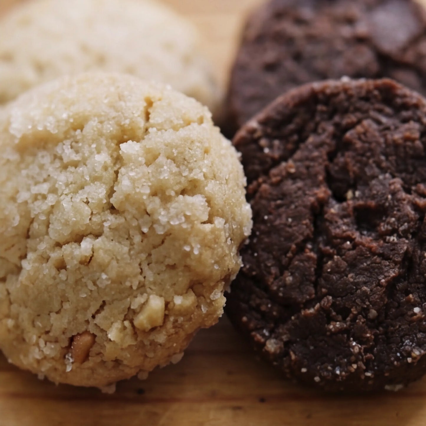 Macro close-up of a Nutball Biscuit and Chocolate Biscuit from The Best Biscuits gift box by Flower Guy