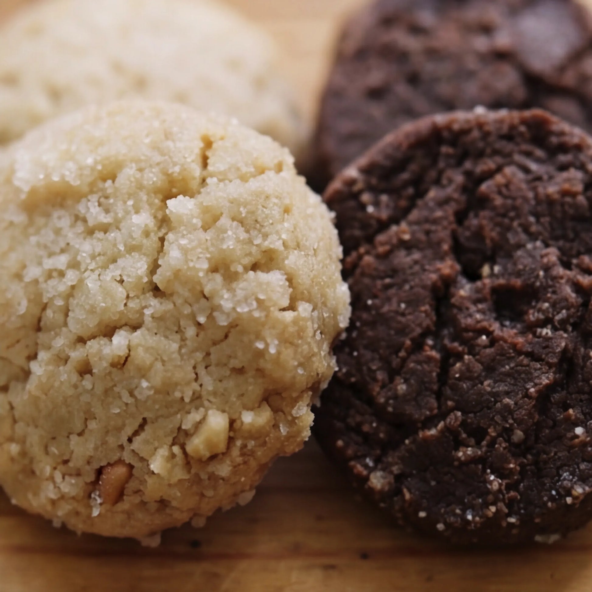 Macro close-up of a Nutball Biscuit and Chocolate Biscuit from The Best Biscuits gift box by Flower Guy