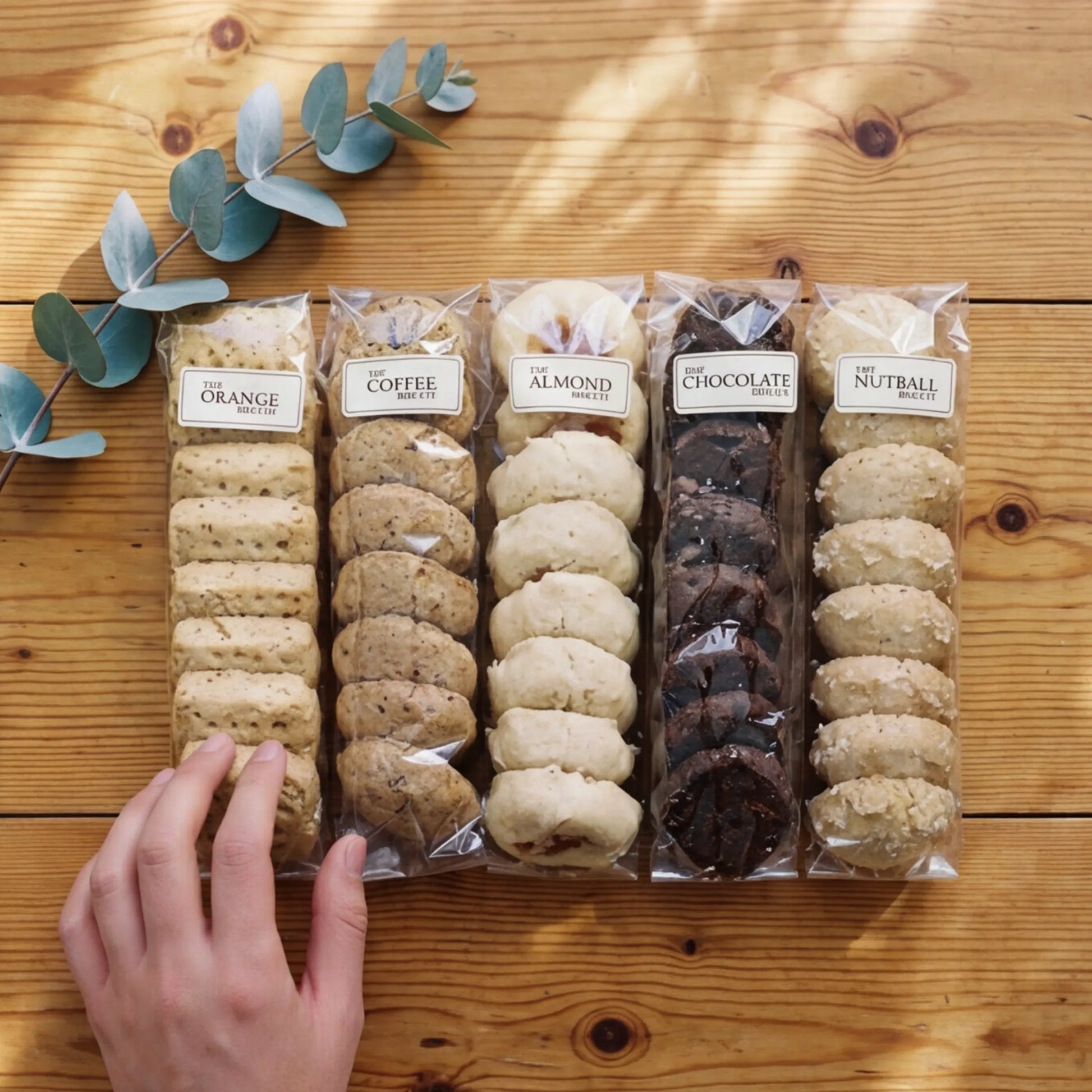 Hand selecting Orange Biscuit pack from The Best Biscuits five-flavour gift set by Flower Guy