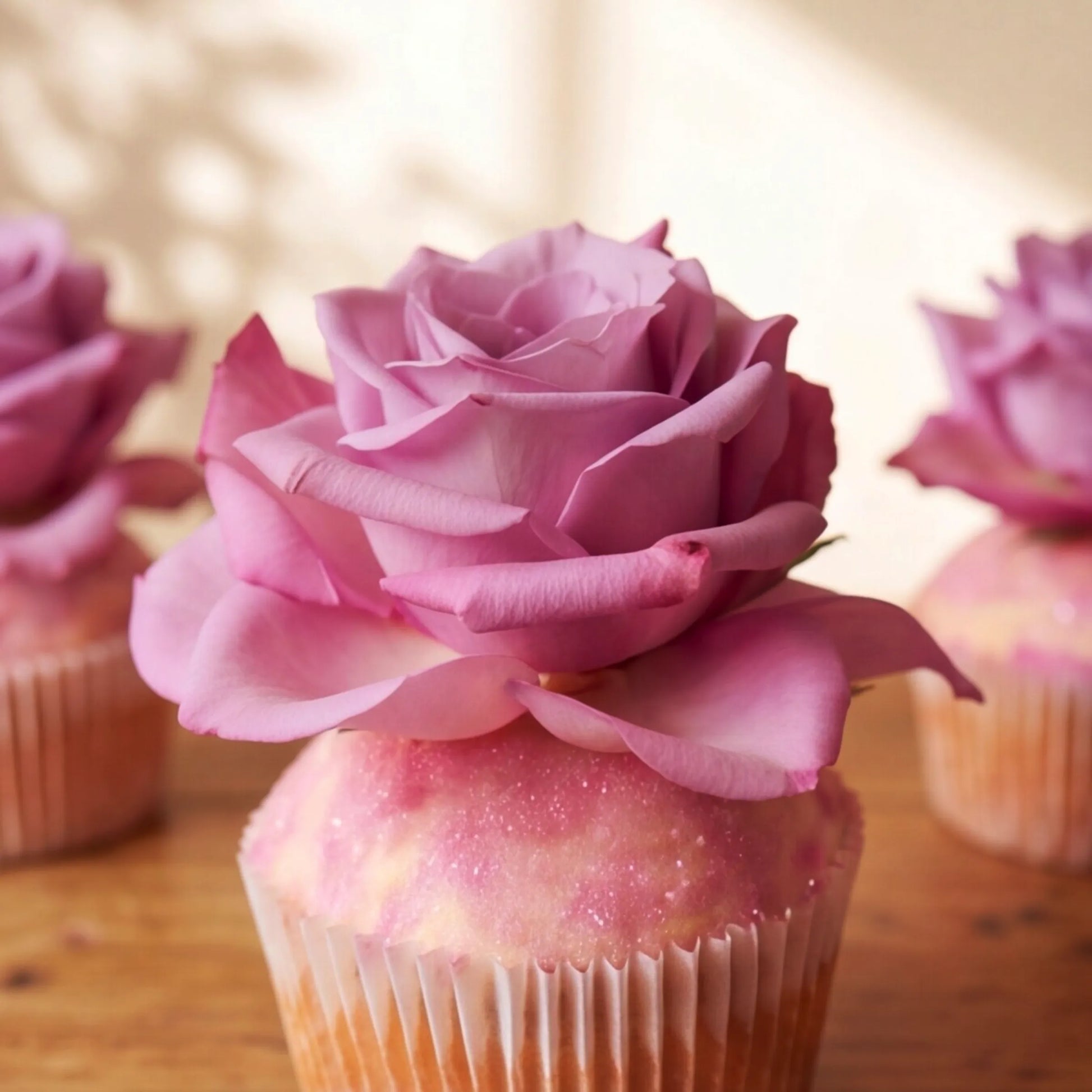 Macro shot of a single vanilla cupcake from the Three Vanilla Cupcakes set, topped with a full pink rose bloom and fine pink edible glitter dusting