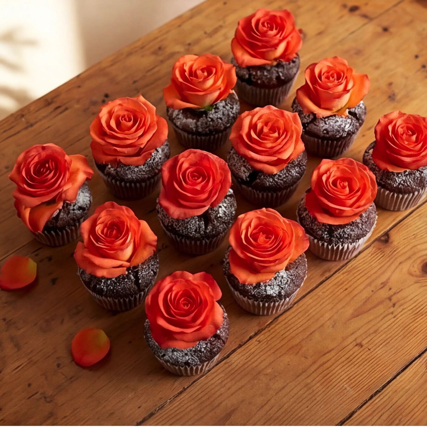 A dozen chocolate cupcakes arranged on a rustic wooden table, each topped with a vibrant orange rose and finished with icing-sugar dusting, Flower Guy Cape Town corporate and event add-on