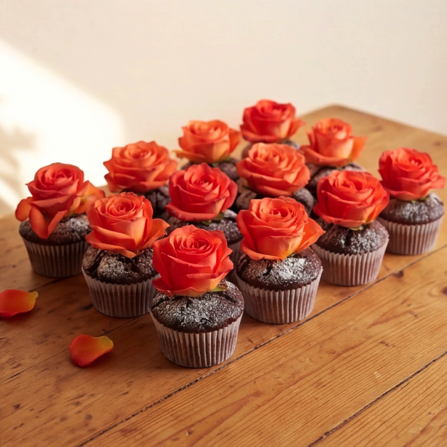 Front-angle tablescape of a dozen Flower Guy chocolate cupcakes with orange rose blooms and icing-sugar finish, presented as a unified dessert centrepiece for events