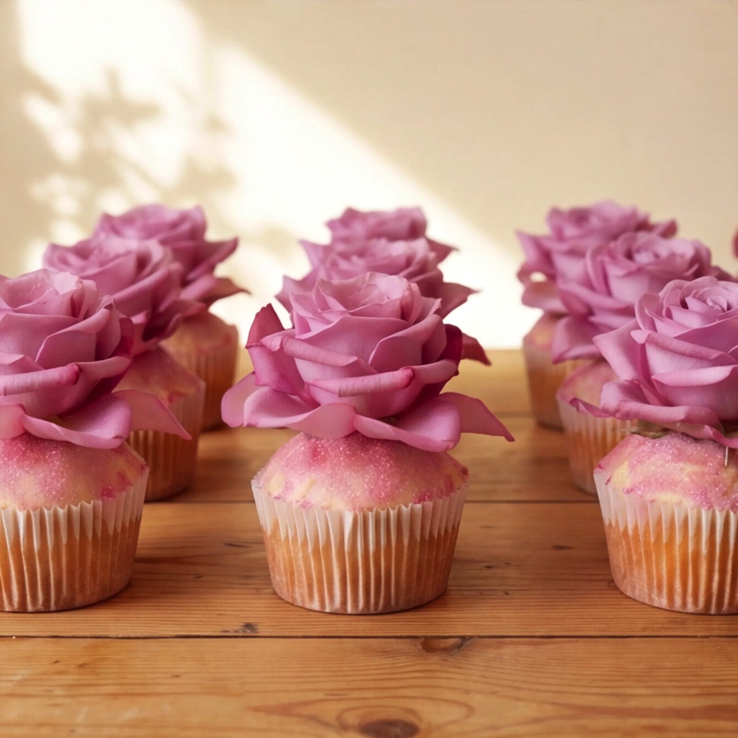 A dozen vanilla cupcakes lined up on a rustic wooden table, each topped with a lavender-pink rose and pink edible glitter, Flower Guy Cape Town corporate and event add-on
