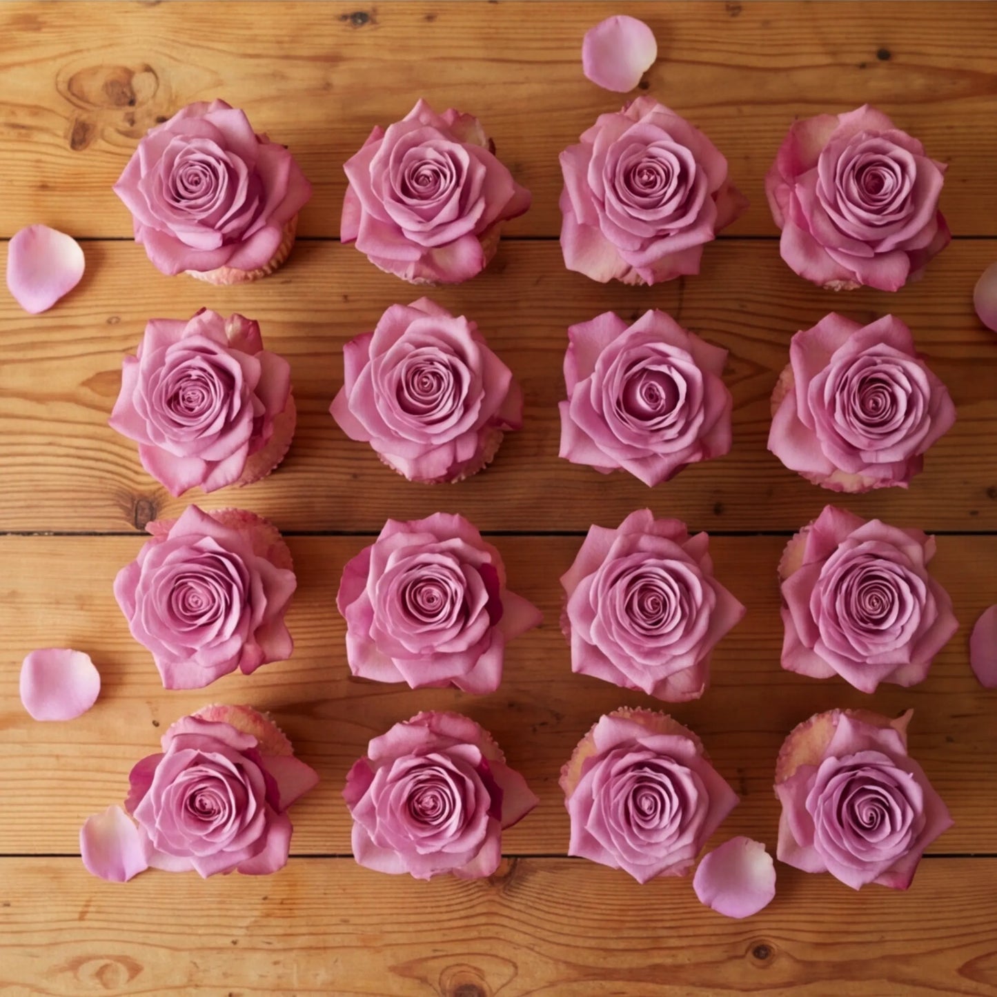 Overhead flat lay of rose-topped vanilla cupcakes arranged in a uniform grid on a wooden surface, lavender-pink blooms with scattered petals, dozen cupcake event set