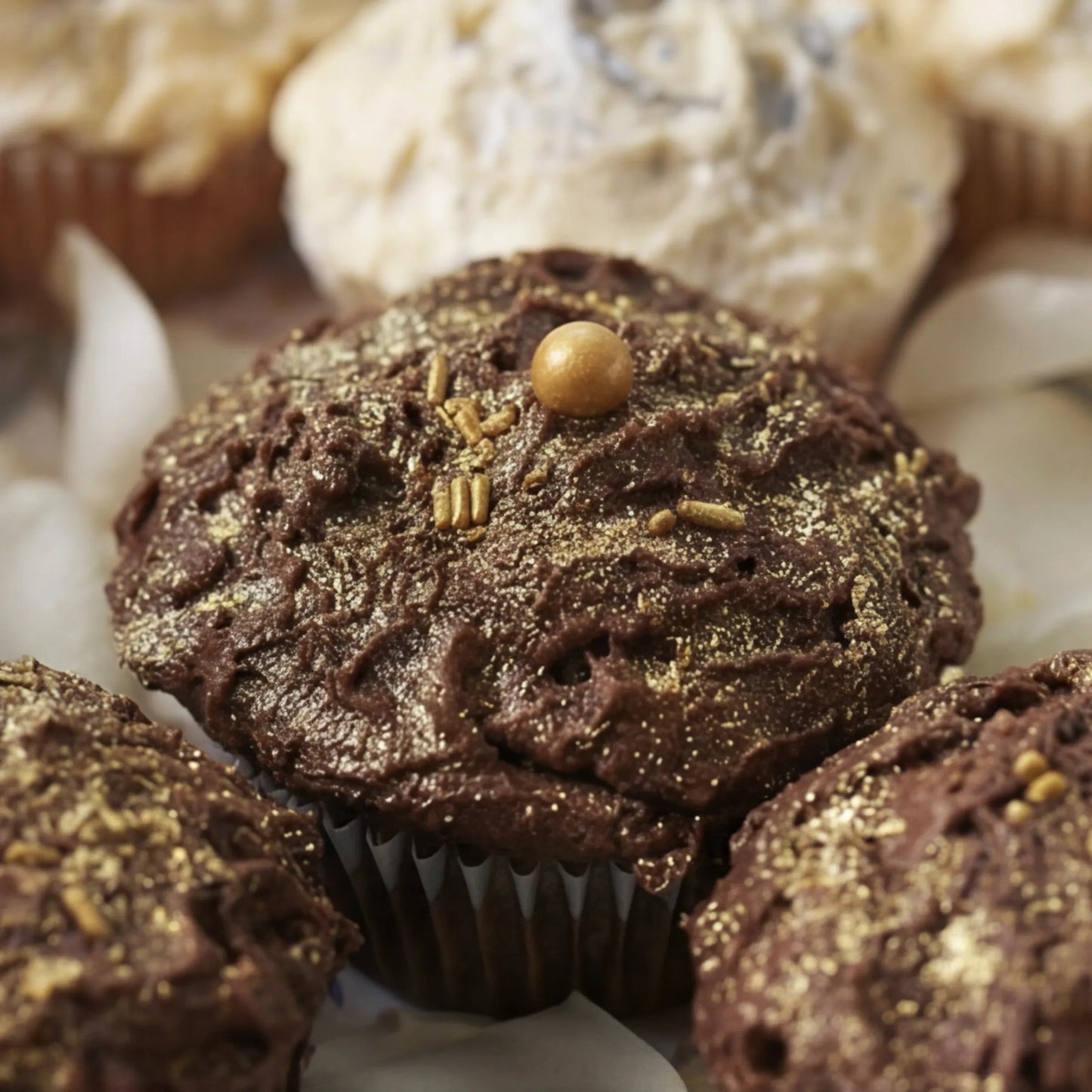 Close-up chocolate cupcake with edible gold pearl and sprinkles from the Where Frosting Meets Fate box