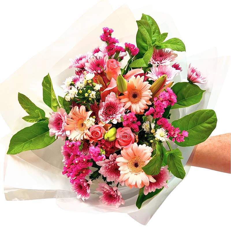 You've Got This Bouquet—pastel pink mixed flowers with greenery, hand-tied and wrapped for delivery | Flower Guy