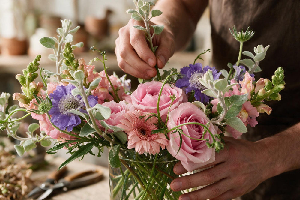 Flower Guy florist hand-tying V and A Waterfront Flower and Gift Delivery in our Cape Town studio