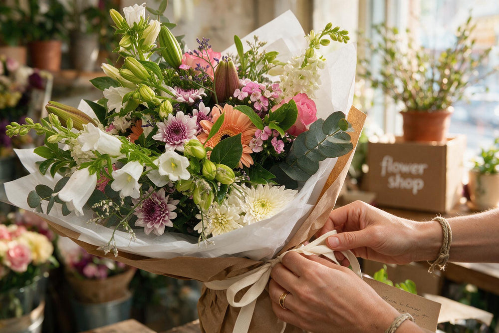 Trimming and finishing V and A Waterfront Flower and Gift Delivery by hand before delivery