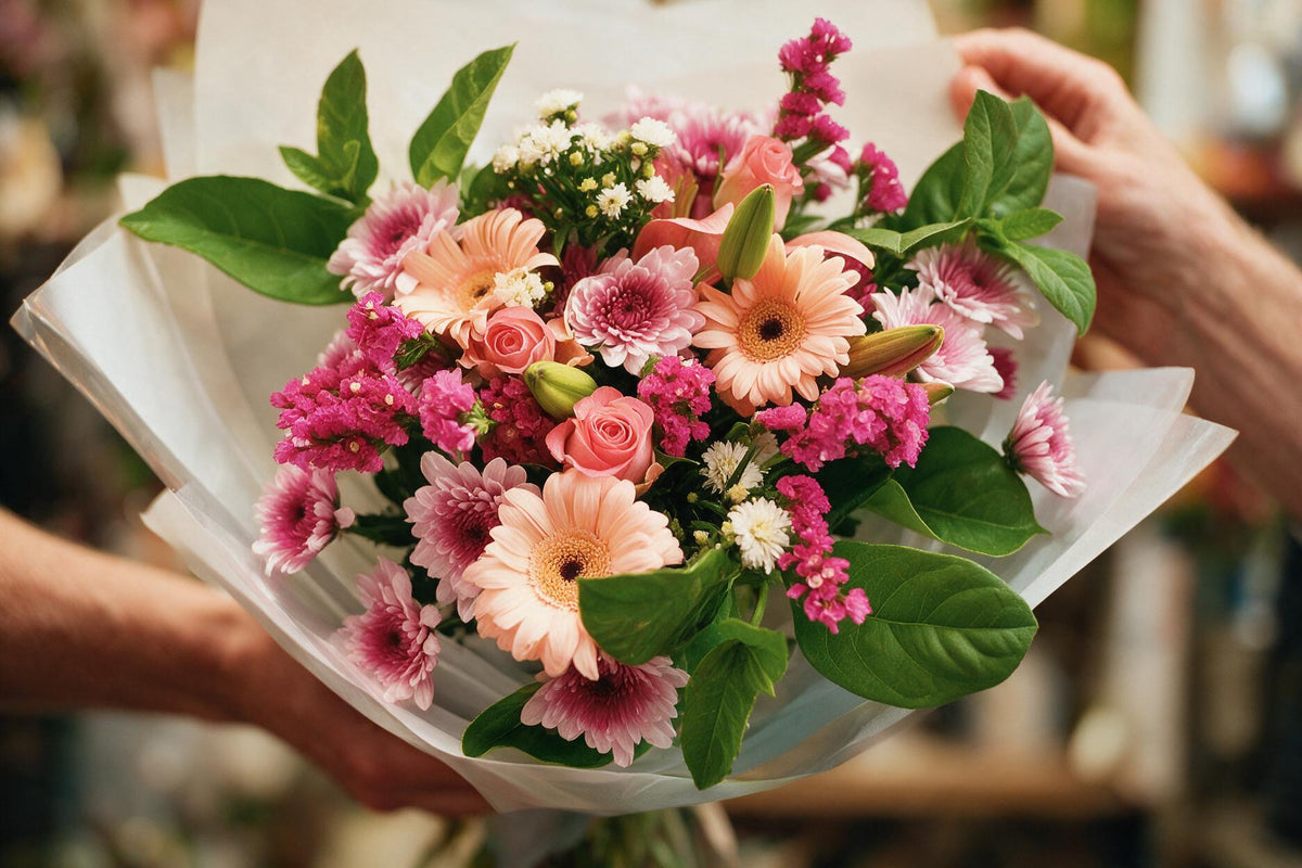 A finished Flower Guy bouquet handed over ready for delivery