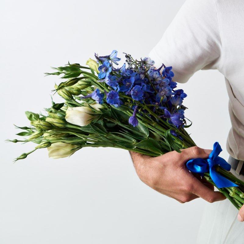 Aquamarine Bouquet of flowers, Delphiniums and Lisianthus flowers Calmness and serenity - Flower Guy